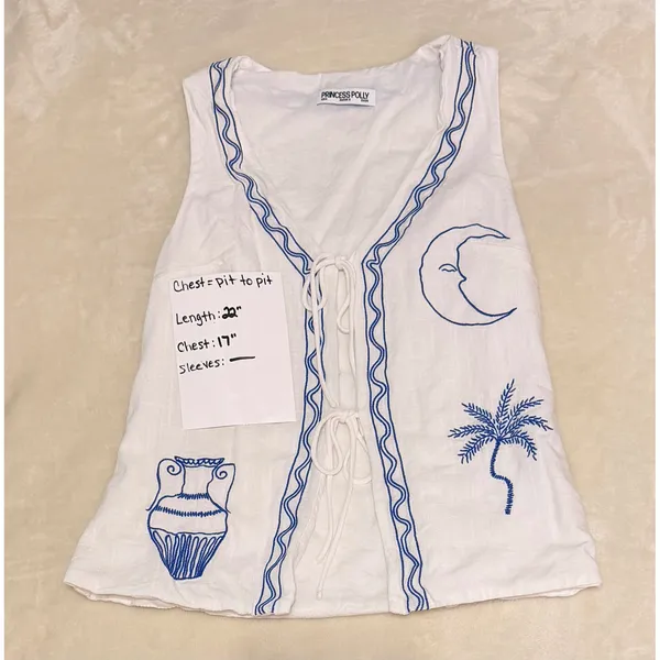 Princess Polly Sun And Palm Trees Vest Top‎ White Blue Linen Blend Embroidered 4 - Image 7