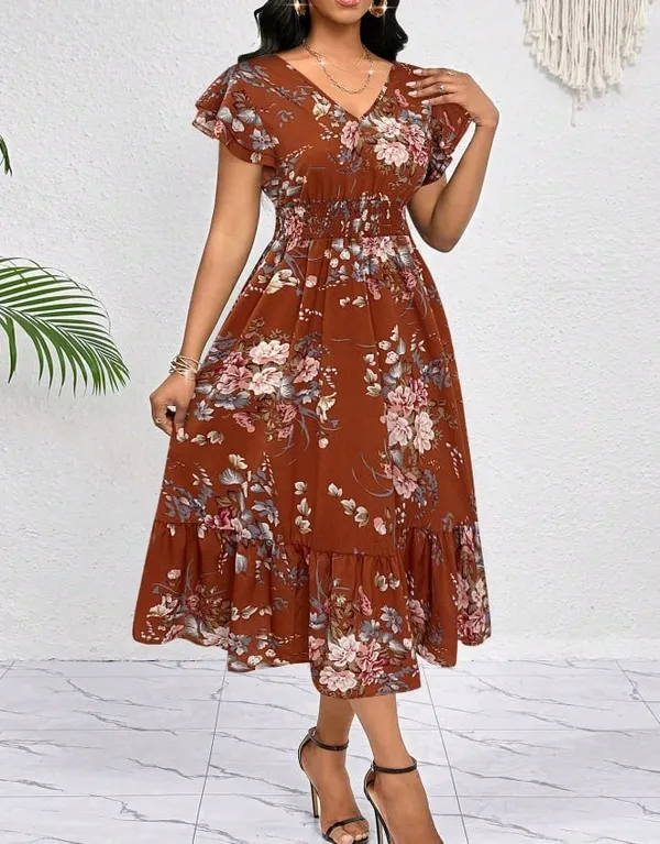 Brown Floral V-Neck Waist-Defining Ruffle Hem Midi Dress - Image 3