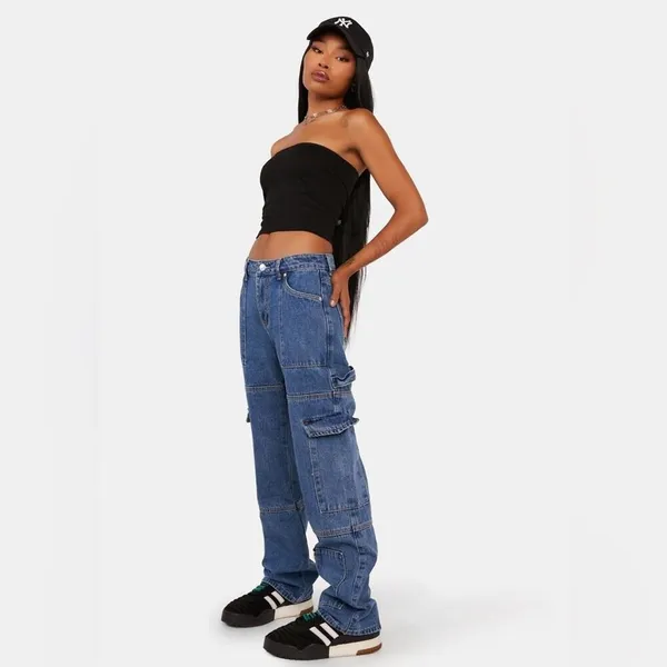 Edikted Jaimie Cargo Jeans Baggy Fit Pockets Low Waist Blue Denim Y2K NEW Size L - Image 11