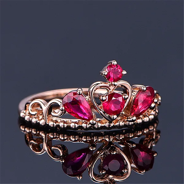 14K Rose Gold Plated Adjustable Red Crystal Ruby Crown Ring for Women - Image 5