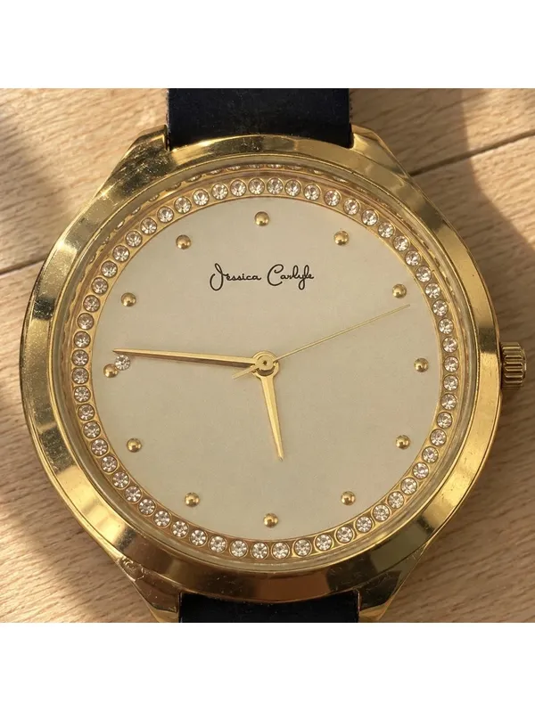 Jessica Carlyle Gold Tone Rhinestone Analog Watch Black Strap Womens - Image 4
