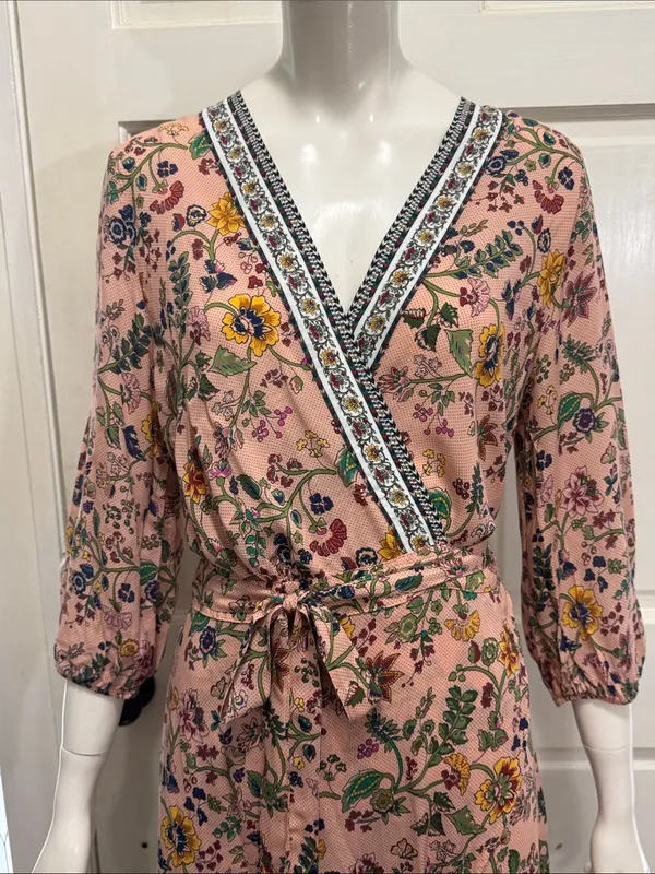 FARM Rio 100% Viscose Pink Floral Wrap Long Sleeve Maxi Dress Size Medium🌸💗 - Image 6