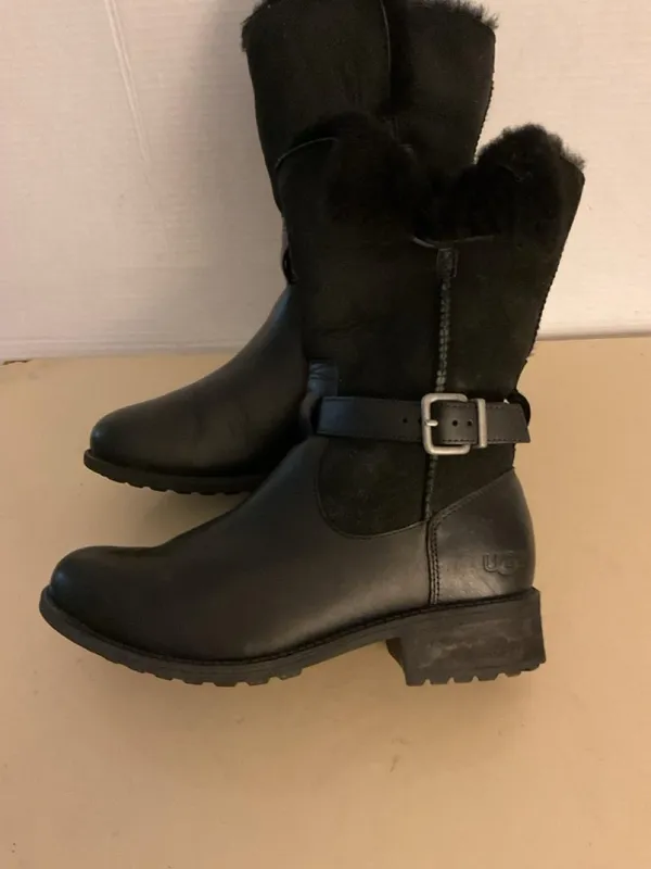 UGG women Black Leather suede & Shearling biker Pernille boots US 8.5 - Image 6