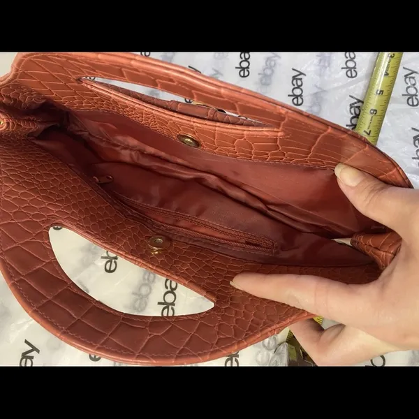Vintage Style Crocodile Embossed Faux Leather Clutch Purse Red/Orange Gold - Image 7