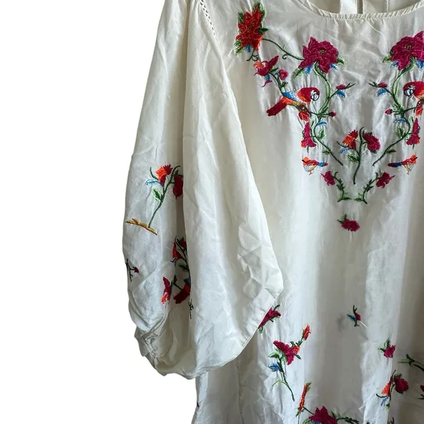 Zara Collection Dress Sz L Cotton Silk Blend Puff Sleeve Floral Embroidered - Image 9