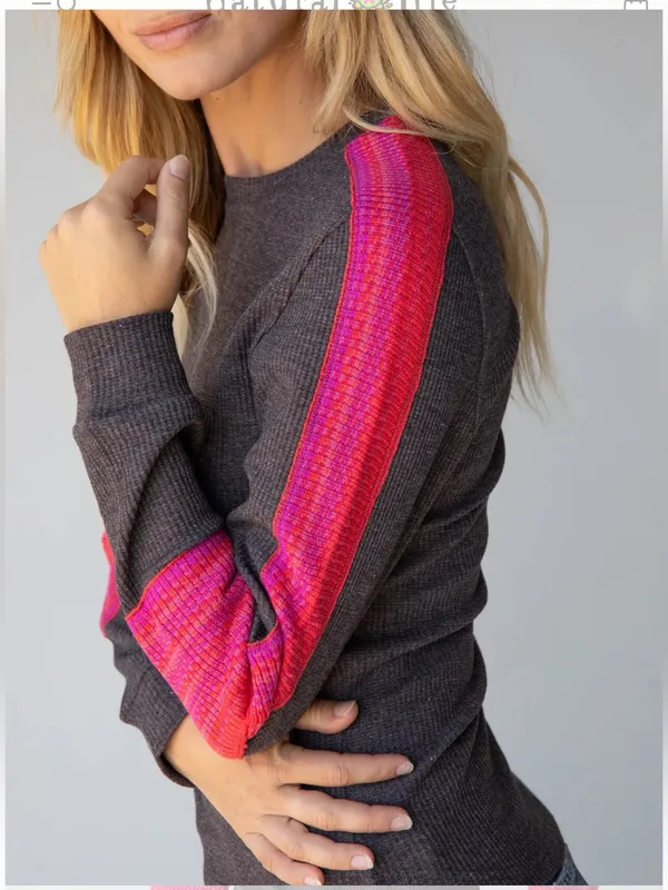Natural Life London Trim Thermal Knit Top Gray Pink Size Medium Long Sleeves - Image 5