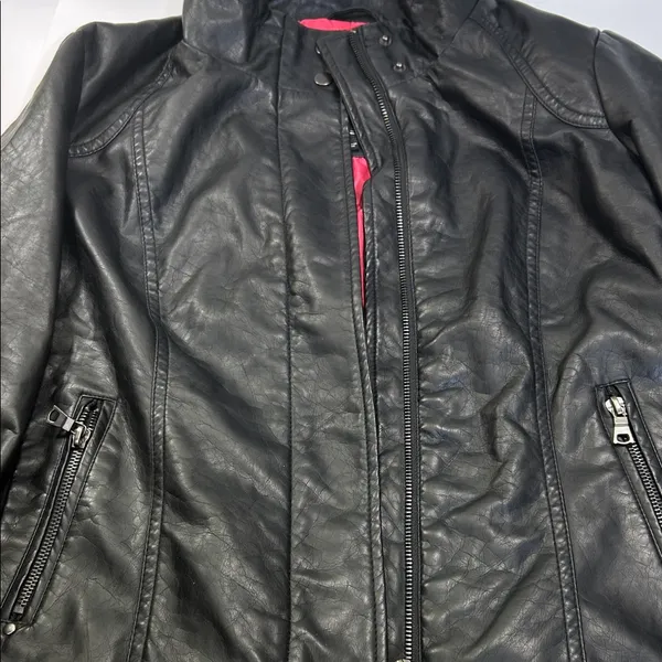 Black Faux Leather Jacket with Pink Lining Size L - Image 8
