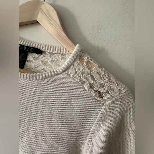 Lauren Ralph Lauren White Floral Lace‎ Crew Neck 3/4 Sleeve Crewneck Sweater - Image 3