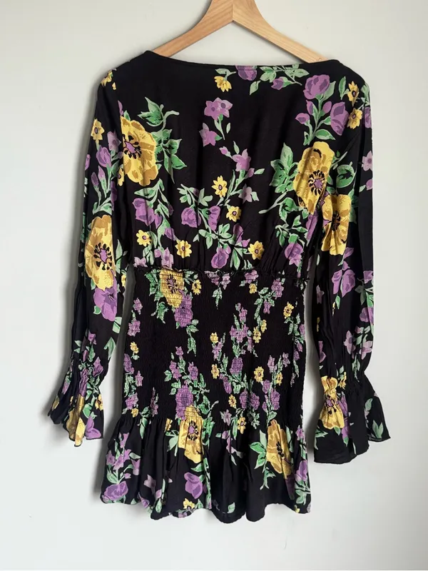 Urban Outfitters Leandra Smocked Mini Dress Black Purple Floral Long Sleeve Sz M - Image 2