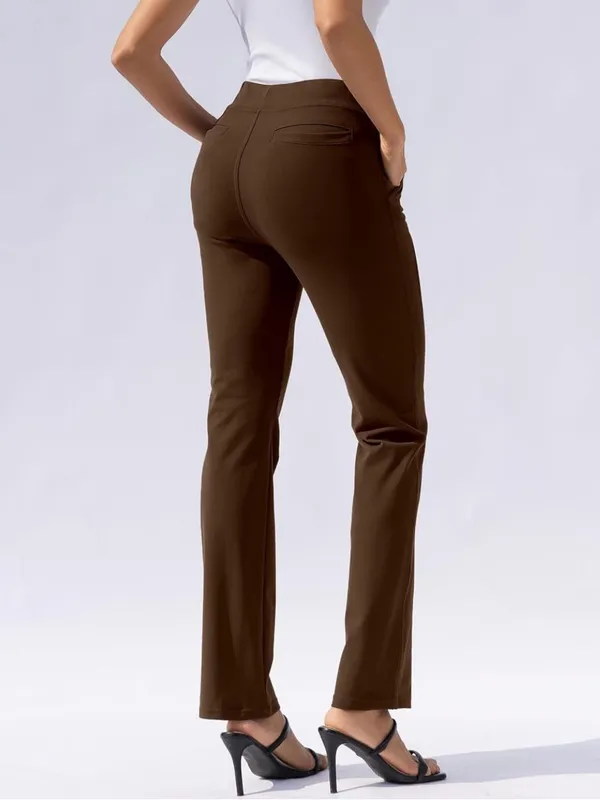 VOOVEEYA Women's Yoga Straight Leg Pants with Pockets High Waisted Brown. Size L - Image 2