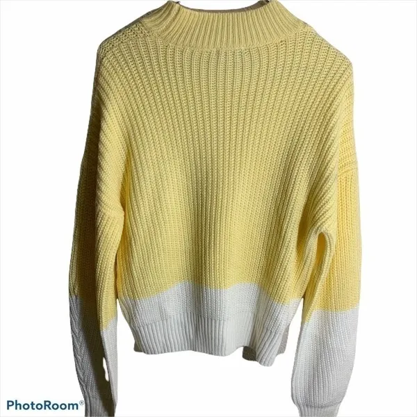 GB Sweater Yellow M Women Colorblock Ribbed Knit Mock Neck Casual - Image 2