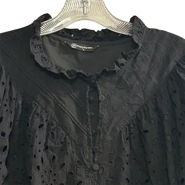 PrettyGarden‎ Women's Black Embroidered Blouse L Long Puff Sleeve - Image 7