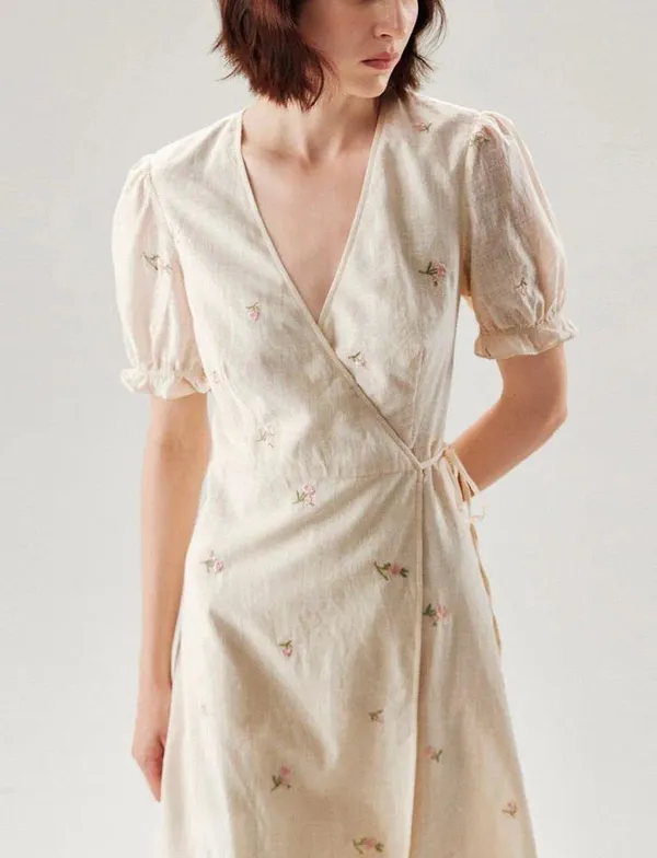 Rihoas Beige Embroidery Puffed Sleeve Wrap Midi Dress - Image 2