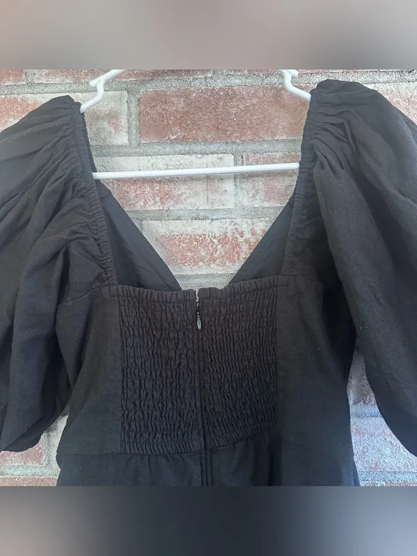 Abercrombie Fitch Faux Wrap Dress Linen Blend Black Women’s Small Puff Sleeve - Image 7