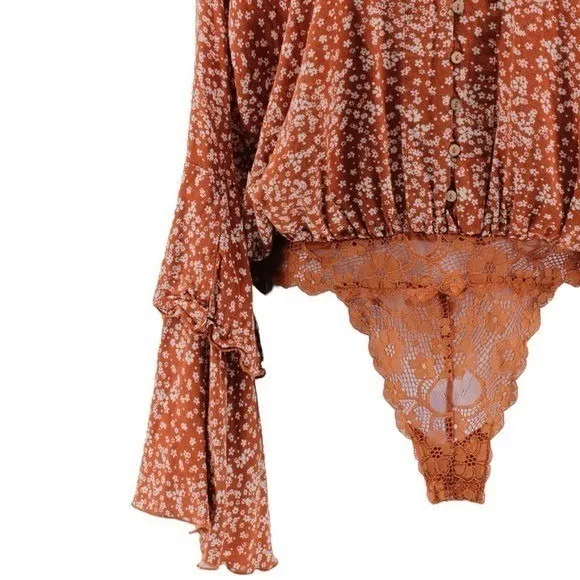 Free People Orange Ditsy Floral Lace Bell Sleeve Bodysuit Feminine Festival S - Image 5
