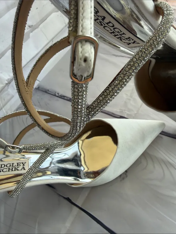 Badgley Mischka Ivory Pointed Toe Slingback Heels with Rhinestone Ankle Straps - Image 6