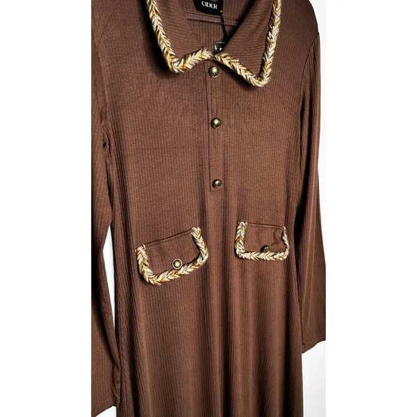Cider 2020s Brown Ribbed Midi Dress Gold Trim Stretch NWT Large - Image 9
