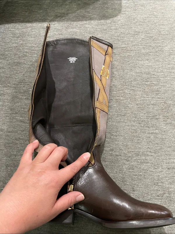 Tory Burch FELIX Riding Boots Brown Leather Equestrian Print Fabric Zip Size 5 - Image 12