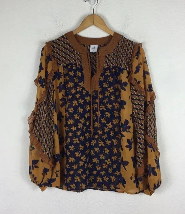 Cabi Harmony Gold Navy Ruffle Floral Peasant Semi Sheer Blouse Top XS - Image 3