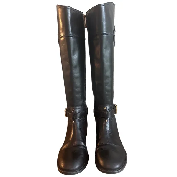 Tory Burch Black Leather Riding Boots Embossed Double T Logo Size 8 - Image 2