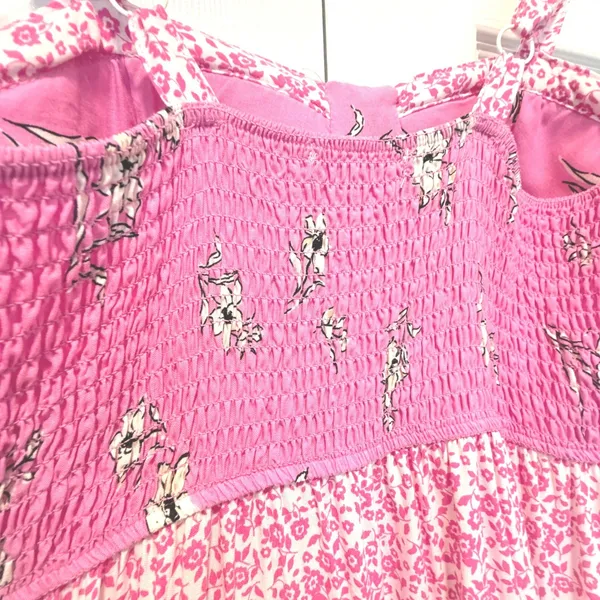 No Comment Cottagecore Floral Bustier‎ Maxi Dress Smocked Tiered Pink White Women's Large - Image 6
