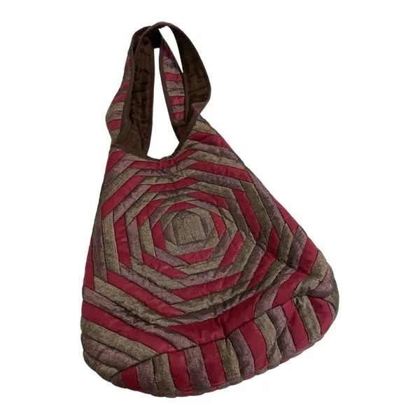 Boho Quilted Silk Shoulder Bag | Red Brown Patchwork Hobo | Coconut Button - Image 6