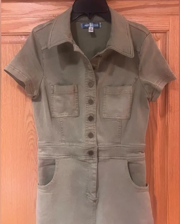 Urban Outfitters Emma Stretch Denim Flared Jumpsuit in Olive Green Size Small - Image 6