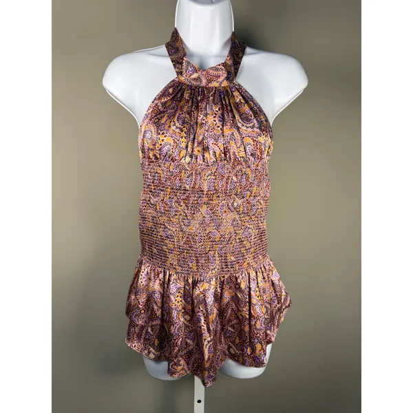 Cinq à Sept Sleeveless Halter Paisley Smocked Peplum Top‎ Boho Chic - Image 2