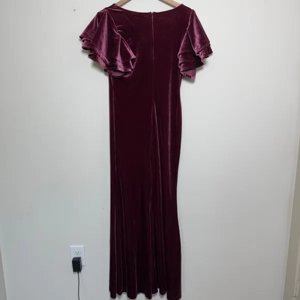 Ricarica Women Maxi Velour Maxi Dress XL Burgundy Ruffle Thigh Slit Formal Gala - Image 9