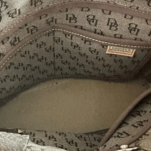 Dooney & Bourke Signature Monogram Tote Bag Brown Canvas Leather Trim Drawstring - Image 5