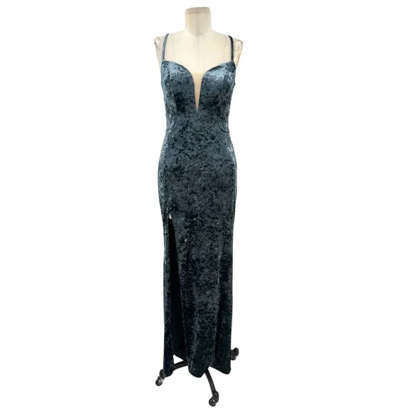 La Femme 25659 Strappy Plunging Velvet Slit Dress‎ Gown Blue Size 6 - Image 3
