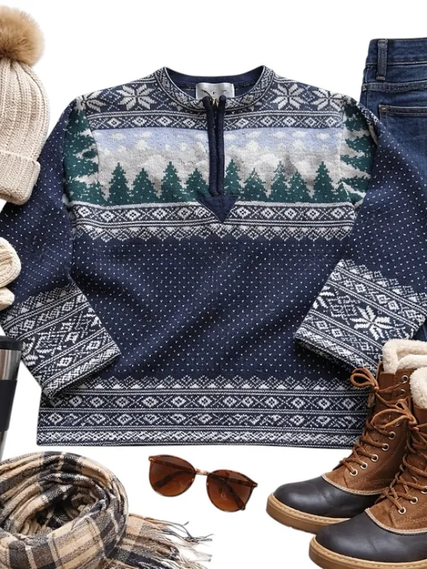 Paris Sport Club Shetland Wool Fair Isle Quarter Zip Sweater Small Nordic Knit - Image 4
