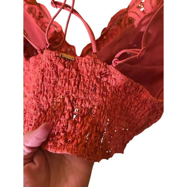 Free People Pink Lace V-Neck Crop Top Cross Back Straps Bralette Boho Women's L - Image 4