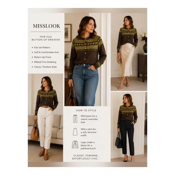 Misslook Sweater Size M Green Brown Fair Isle Button Up Cardigan Long Sleeve Y2K - Image 4