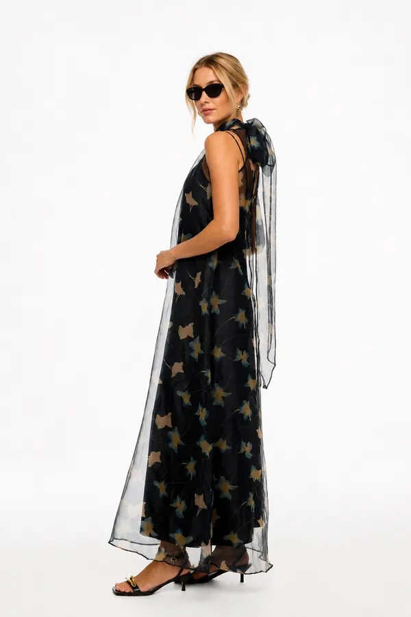 STAUD Black Mesh White Design Overlay Mock Neck Bow Tie Back Albee Gown sz Small - Image 2