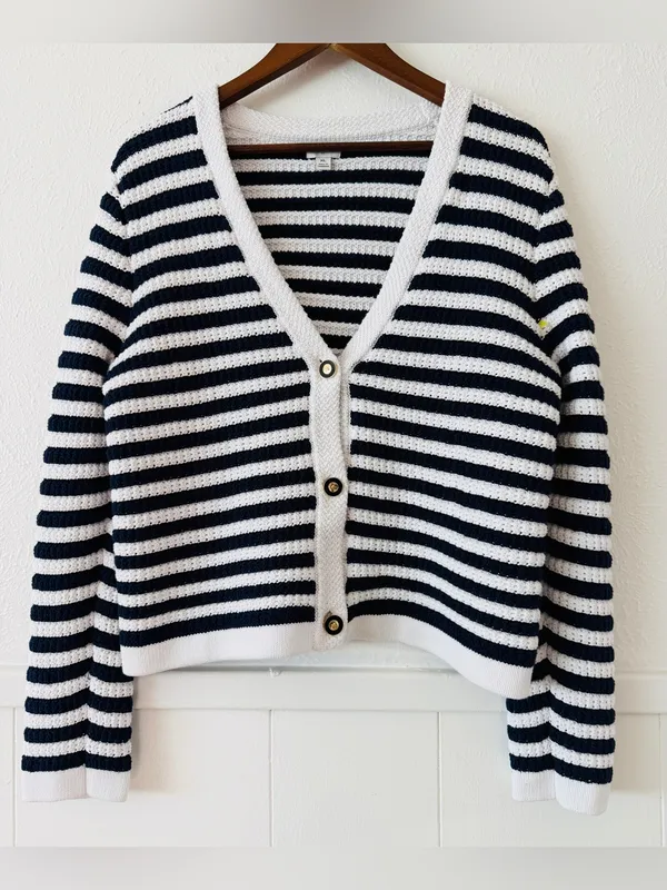 J. Crew Navy and White Striped V-Neck Button Cardigan - Image 2