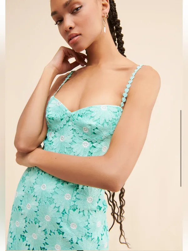 SAYLOR Mint Green Floral Lace Midi Dress with Spaghetti Straps - Image 3