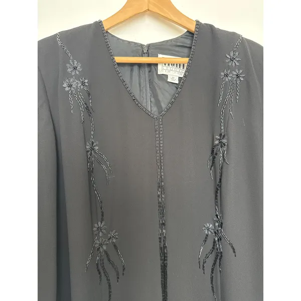 1990s Night Studio black beaded chiffon gown with sheer overlay & sleeves 16 - Image 3