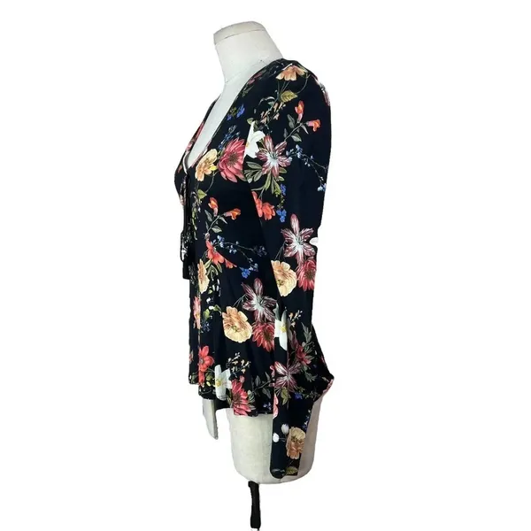 Anthropologie Farm‎ Rio Top Blouse Long Sleeve Jersey Floral Print Black Size XS - Image 7