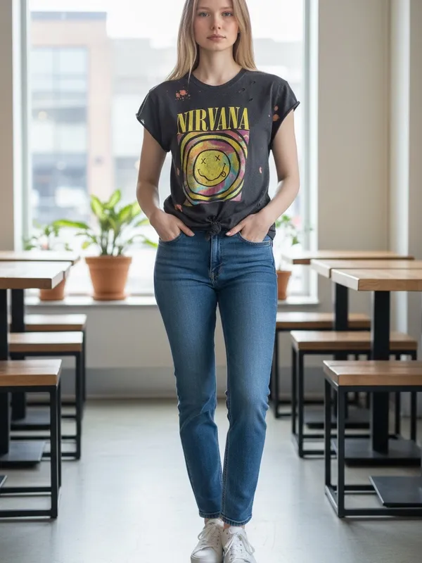 NIRVANA Black Tie-Front distressed tee with Multicolor Smiley Graphic - Image 3