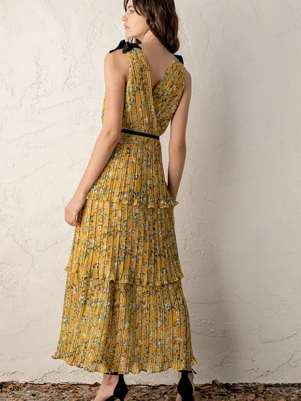 Lulus Such Sophistication Yellow Floral Print Pleated Summer Maxi Dress Size L - Image 2