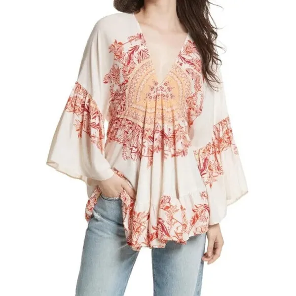 Free People Sunset Dreams Printed Tunic Size XS Ruffle Sleeve Bohemian Relaxed - Image 3
