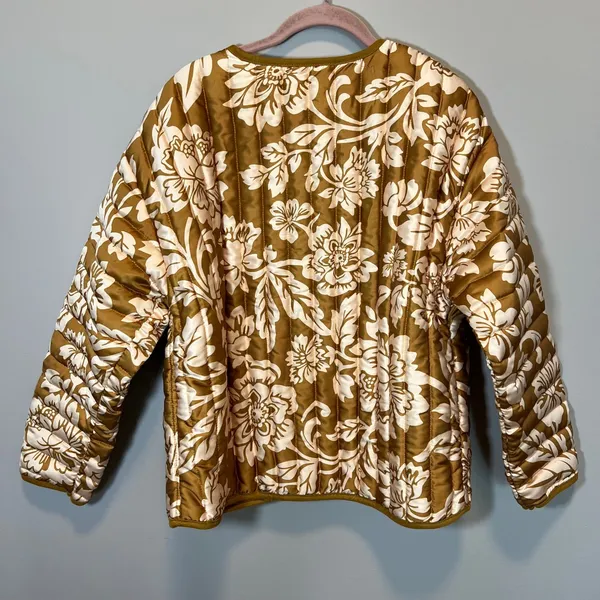 Flying Tomato Floral Quilted Puffer Jacket Mustard Gold Cream Boho Medium - Image 10