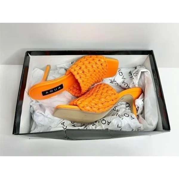 AQUA Orange Woven Heeled Mules Size 6M Square Toe Slip On Heels Sandals‎ - Image 7