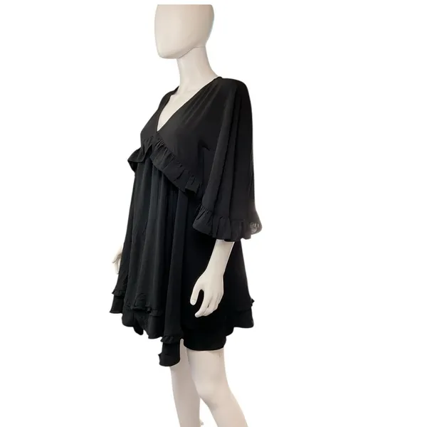 Entro Black Ruffled 3/4 Sleeve V Neck Babydoll ‎ Tiered Short Dress NWT Size M - Image 4