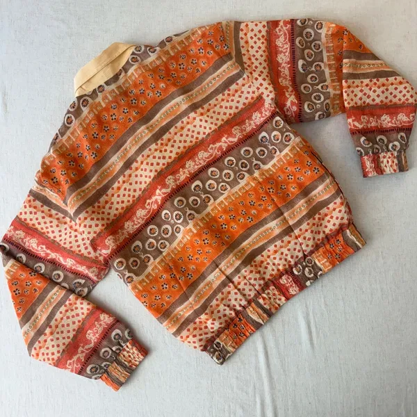 Oleg Cassini Vintage Silk Bomber Jacket Orange Geometric‎ Floral Print Small - Image 15