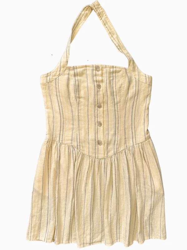 Universal Threads Halter Drop Waist Stripe Linen Blend Mini Sundress Yellow Sz M - Image 2