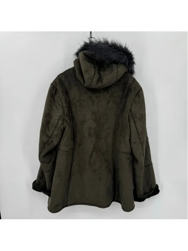 Olive Green Hooded Penny Lane Jacket Faux Shearling Fur Lined Embroidery XL NEW - Image 6
