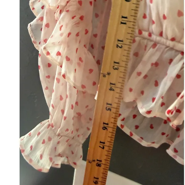 Francesca's Heart‎ Print Ruffle Crop Top Romantic XS Cream Red Coquette Chiffon - Image 6