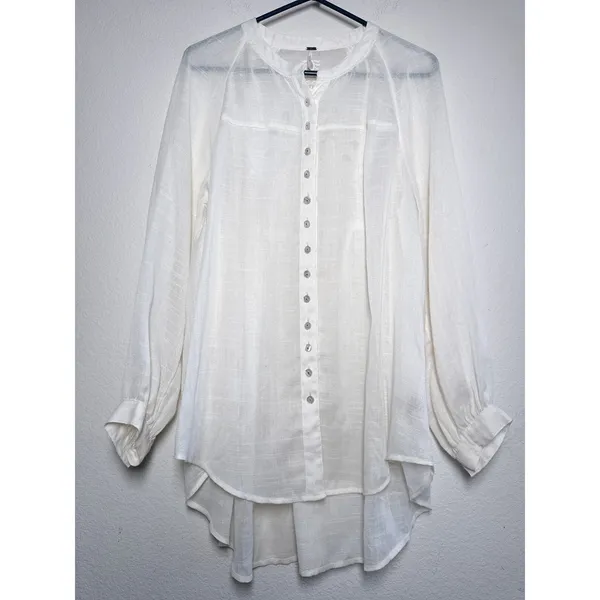 Free People Ivory Button Up High Low Tunic Embroidered Cutout Back M - Image 3